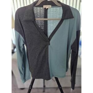 ⚡ Moa Moa Colorblock Collared Long Sleeve Top | Dark Charcoal & Teal | Large NWT